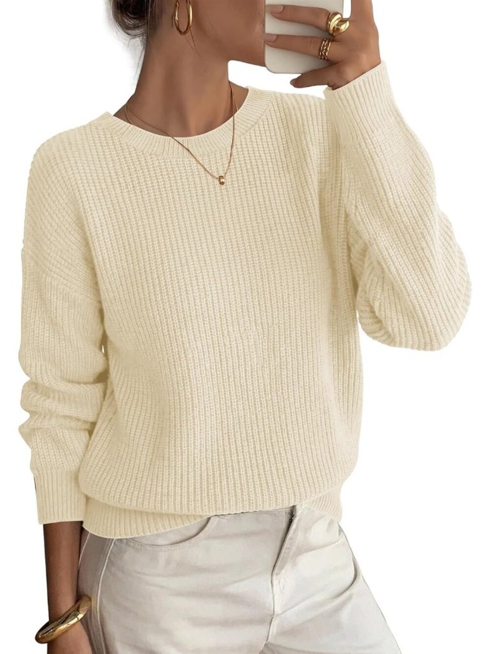 Women's Beige Cream Crew Neck Long Sleeve Fall Fashion Trendy Crew Neck Sweaters